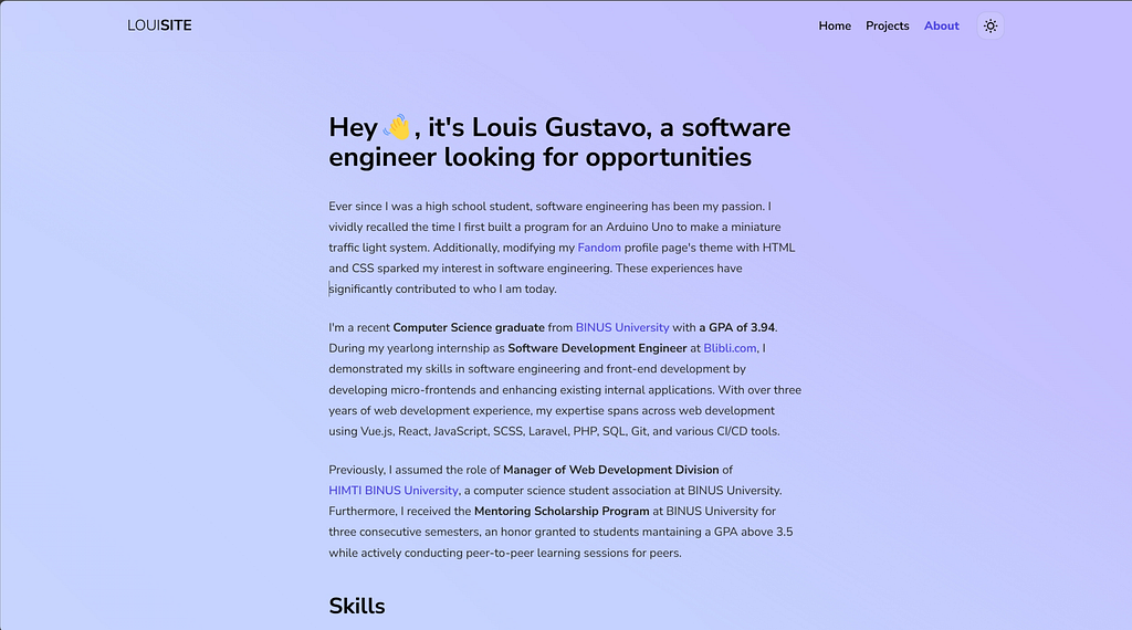 The rendered Markdown on the portfolio About page