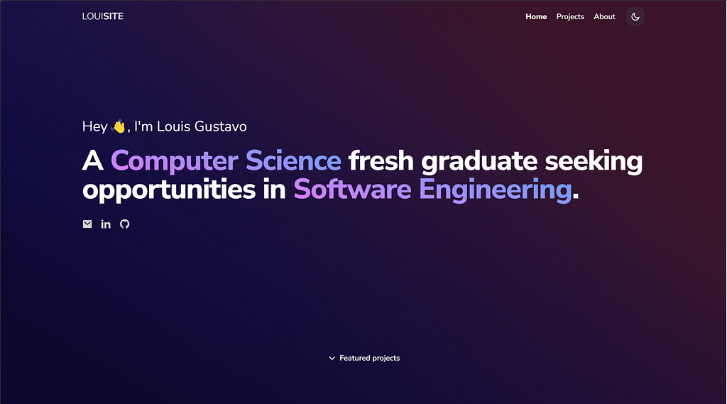 The portfolio home page in dark mode