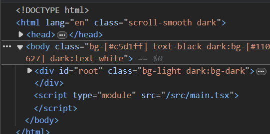Browser developer tools showing the dark class on the HTML element